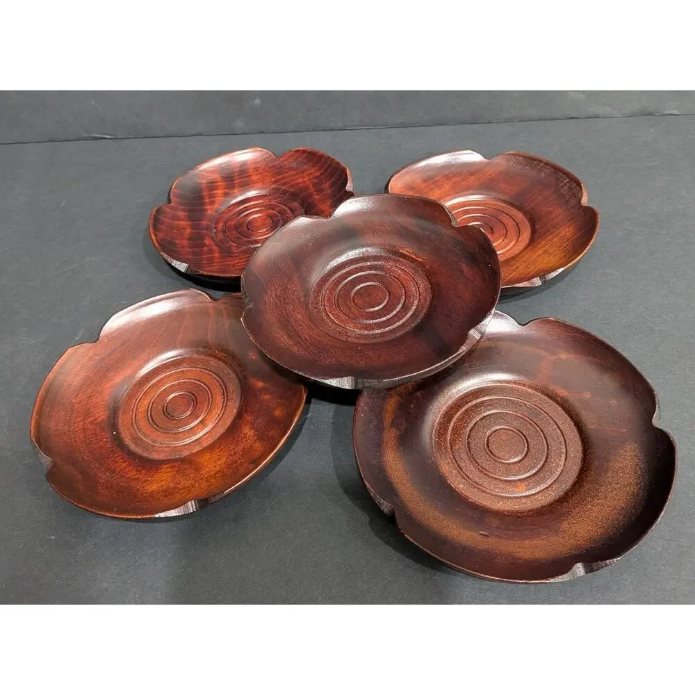 Vintage Japanese Wooden Chataku Tea Coasters Saucers Set of 5 Flower Shape 4